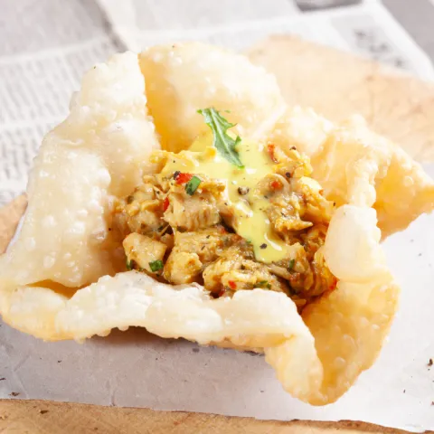 "Canasta" de empanada rellena de pollo asado con verduras, especias, hierbas aromáticas y curry.