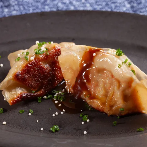 Gyoza rellena de pollo asado y cigalas con reducción de zumo de asado.