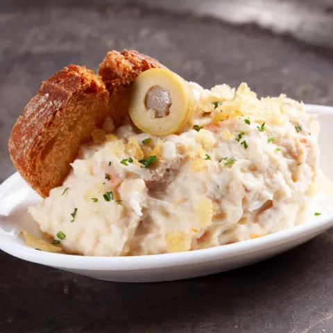 Nuestra ensaladilla rusa con patata, huevo, atún, aceituna, zanahoria y mayonesa, sobre una tostada crujiente y con crujiente de patata chip.