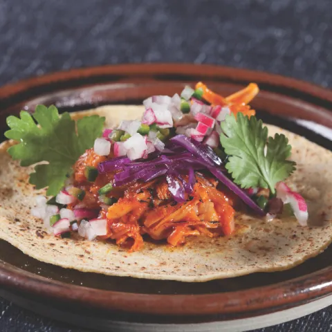 Taco vegano de setas de temporada imitando el pulled pork, col lombarda del Parc Agrari envinagrada, pico de gallo con rábanos y tomate del Parc Agrari