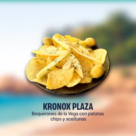 Boquerones De la Vega con patatas chips y aceitunas
