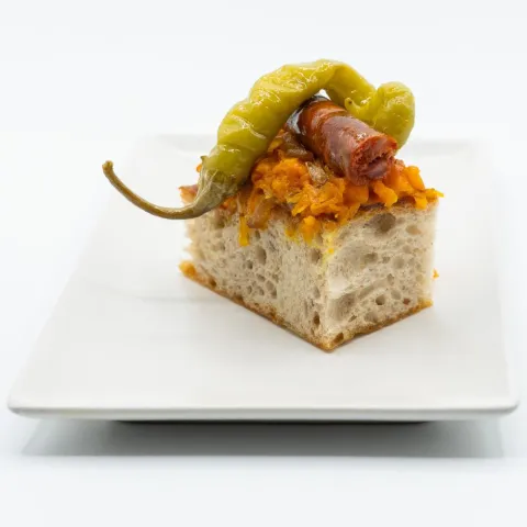 Fritaílla de calabaza con chistorra y piparra frita.