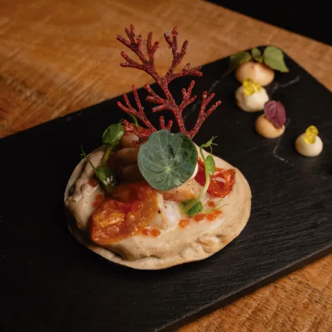 Tarte flambée de gamba roja, queso ahumado crème fraîche y brotes verdes 