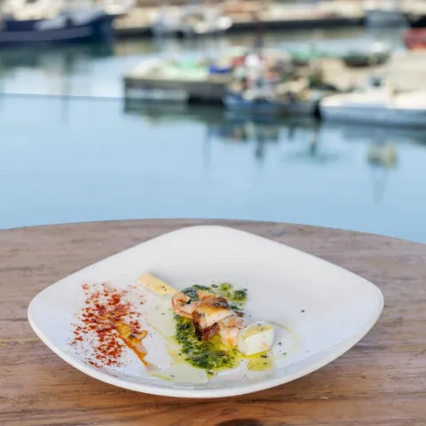 Pulpo cocido, gambas y sepia a la plancha con salsa de guindilla y ajo