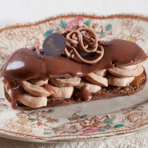 Pasta de profiterol en forma de lingote rellena de crema de gianduja y glaseada con cobertura de leche y fideos de chocolate gianduja.