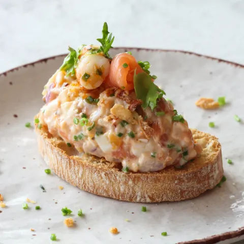 Ensaladilla de gamba cocida, salmón ahumado, manzana fresca, cebolla morada, huevo cocido, cebollino, pimienta negra, salsa Mediterranium y cebolla crujiente sobre pan de coca tostado