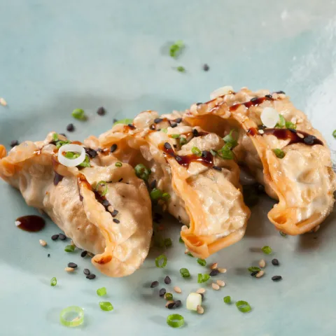Empanadillas japonesas de marisco o verduras, rodajas finas de cebolla tierna, salsa teriyaki y sésamo.