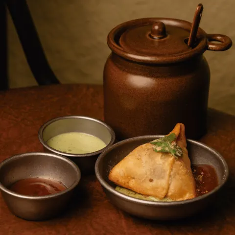 Samosas especiadas de patata y guisantes, con chutney de tamarindo y menta