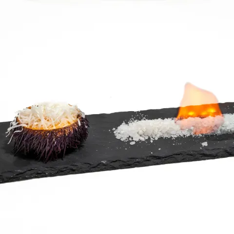 Erizo del Mediterráneo, gamba roja y sabayón con aroma de Monastrell