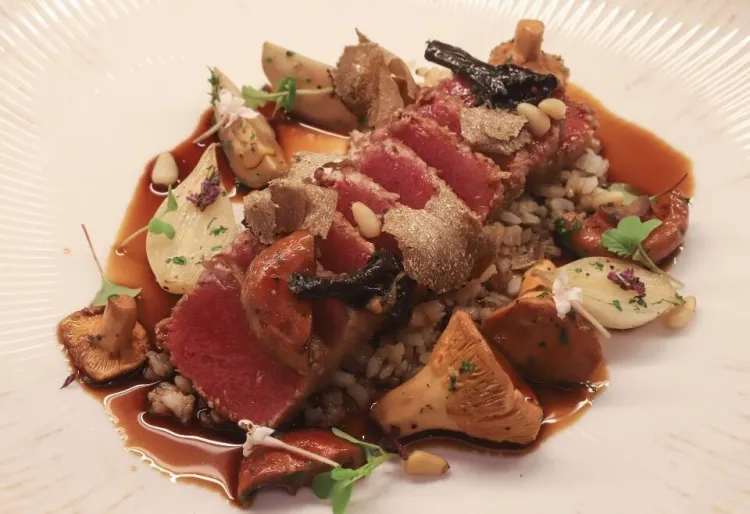 Tataki de tonyina amb fricandó mariner de ventresca de tonyina i bolets silvestres