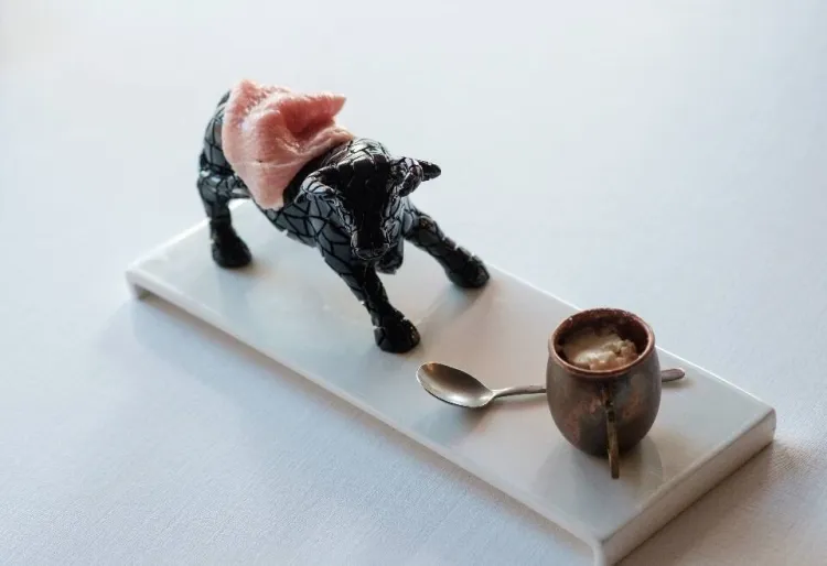 Ventresca de tonyina madurada amb gelat d''ajoblanco'