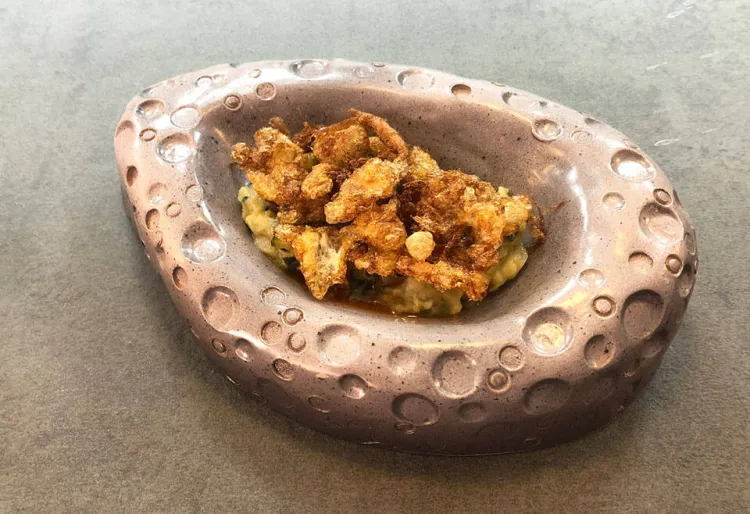 ‘Zarangollo’ amb Jerez, ous de llissa, rovell marinat i puntetes