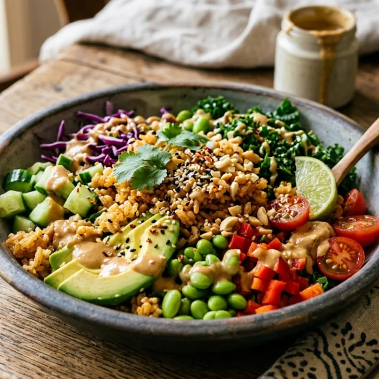 Ensalada de arroz crujiente con aderezo de cacahuete