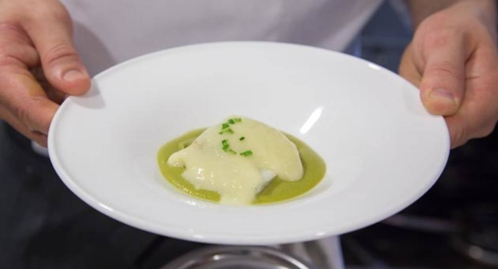Receta Kata.4, bacalao confitado con crema de guisantes