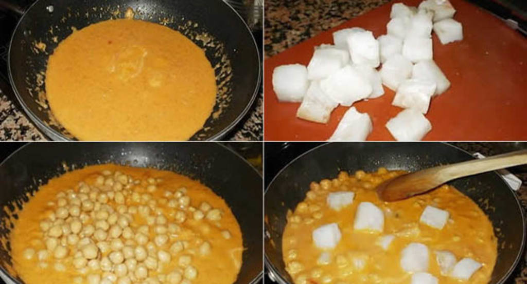 Proceso de receta de garbanzos con bacalao